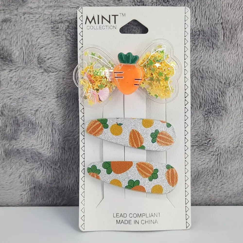 3 pc Carrot Theme Hair Accessories Glittery Bow with Carrot Charm & Snap Clips